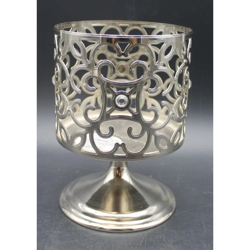 Bath & Body Works Silver Metal Pedestal 3 Wick Candle Holder Scrollwork